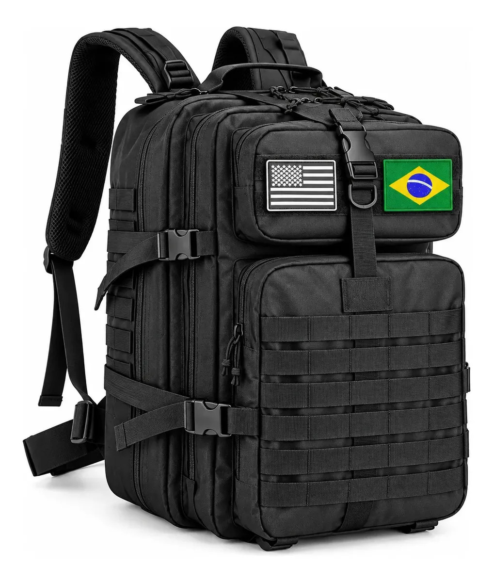 Mochila Tática Impermeável Militar 2 Bandeira Brinde 50L Masculina Feminina Reforçada Artestore Preta