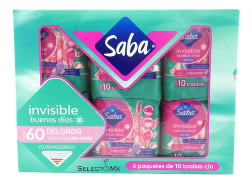 Toallas Femeninas Saba® Invisible, Delgada Con Alas 60 Pzs