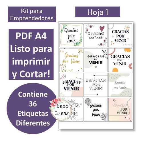 Imagen 2 de 5 de Kit Emprendedores 01 Gracias Por Venir A Color Tag Etiquetas