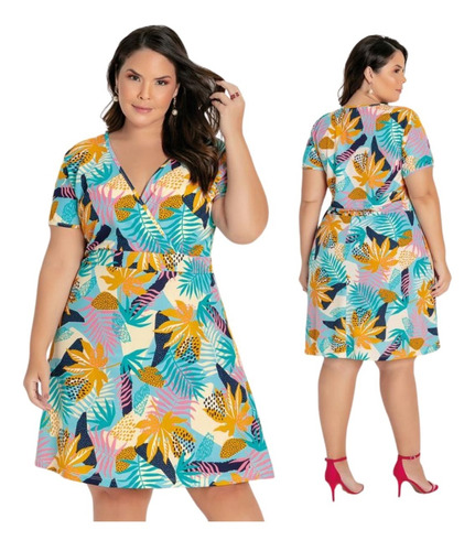 Vestido Social Transpassado Manga Curta Folhagem Plus Size