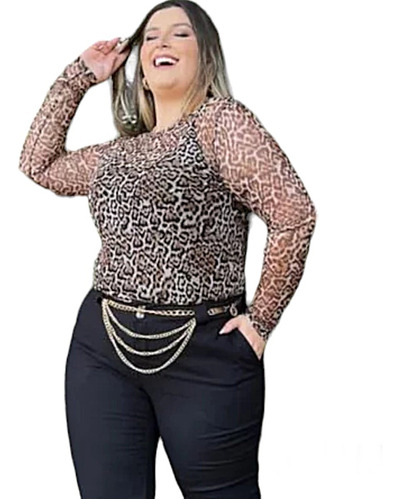 Blusa Manga Longa Tule Macio Estampa Animal Print Oncinha 