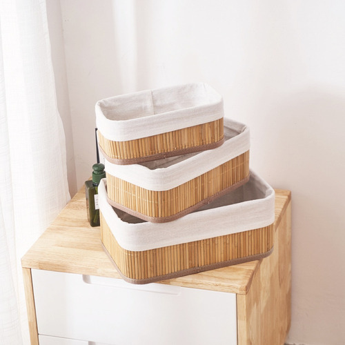 Kit 3 Cestos Organizador De Bambu Multiuso Com Forro