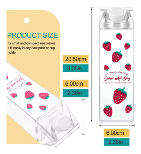 Botella Agua Transparente Tipo Caja De Leche 500ml Diseños Fresas