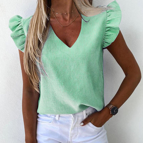 Tops De Mujer Verano A Rayas Con Cuello En V Volantes Sin Ma