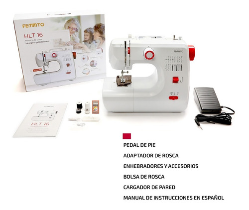 Imagen 6 de 7 de Máquina De Coser Recta Femmto Hlt16 Portable Blanca 220v