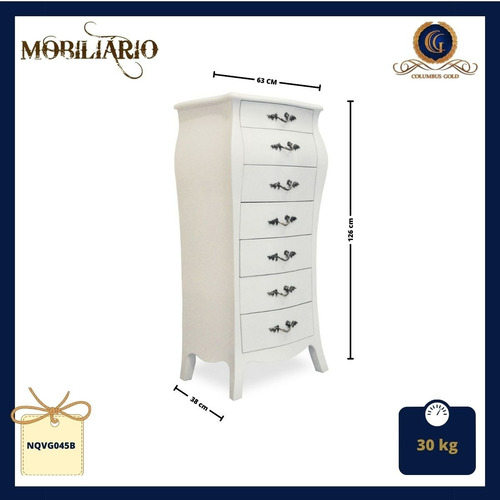 Chiffonnier Branco 7 Gavetas Prata Envelhecida - Elegância Branco