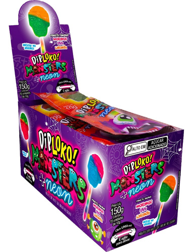 Pirulito Dip Loko Neon Monster Brilha No Escuro 15un Diploko
