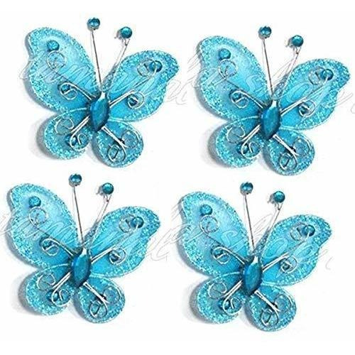 40 Mariposa Organza Azul 2  Tela Nailon Purpurina Para Boda