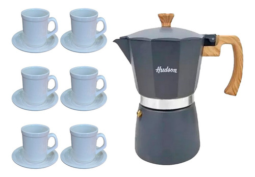 Set Cafetera Italiana Gris Jarrito Americano Plato X6