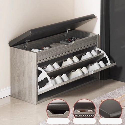 Banca Zapatera De Madera Organizador Compartimentos Taburete Gris