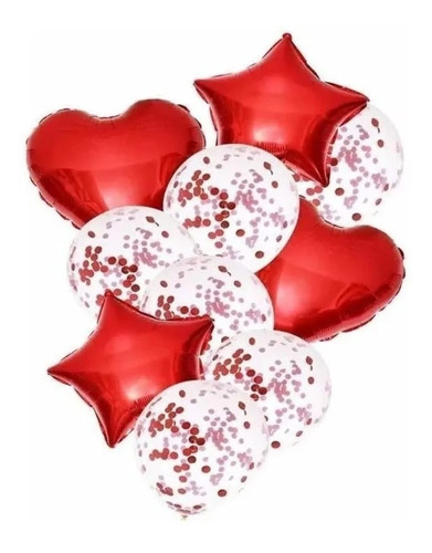 Set  10 Globos Confetis+corazones+estrellas Rojo