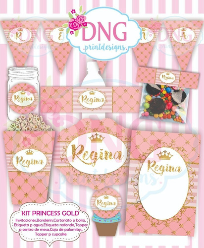 Kit Imprimible Invitaciones Candy Bar Png / Princesa Dorada