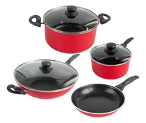 Comprar Set Batería Teflón 4 Piezas Rojo Aluminio Cocina Wok Olla