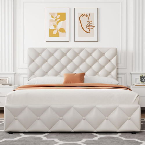Base De Cama Matrimonial Idealhouse Tapizada En Lino Blanco