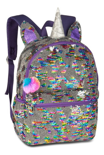 Mochila Infantil Unicórnio Paetes Muda De Cor Com Pompom Cor Violeta