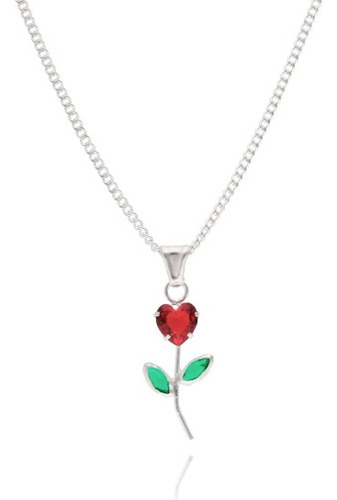 Dije Rosa Con Circonia Roja En Plata Con Cadena De Plata