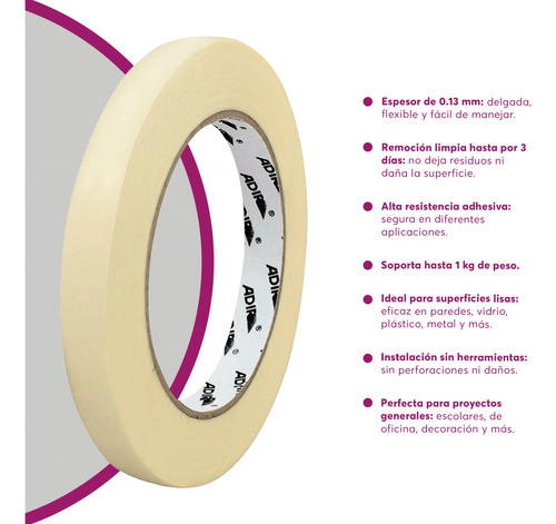 Cinta Masking Tape 6 Pzs 12mmx50m Adir 1282 Beige Lisa