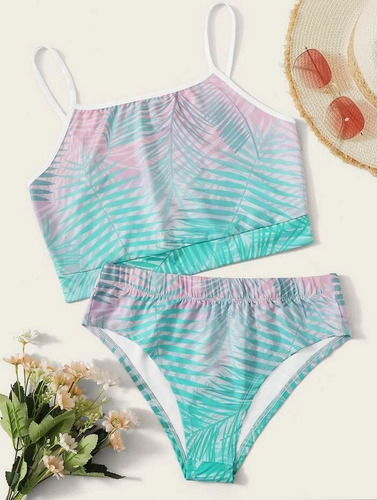 Set De Bikini Con Tira Spaghetti Con Estampado De Palma