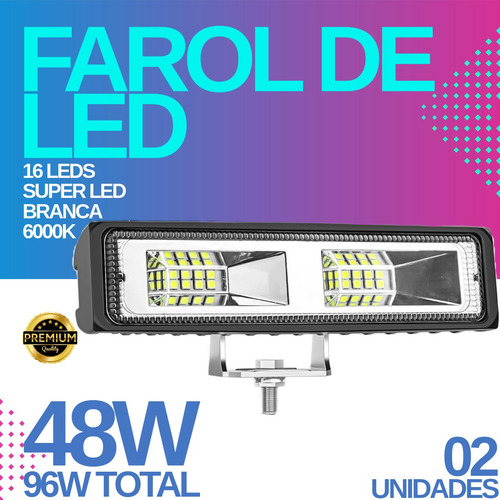 Kit 2 Farol De Milha Led Mini Barra 16 Leds 48w Bivolt Par