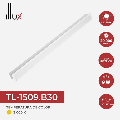 Lámpara Led Illux 60 Cm Empotrable En Techo 9w Luz Cálida Tl-1509 Color Blanco