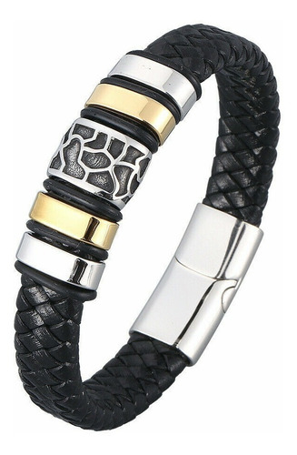 Pulsera De Hombres De Acero Inoxidable Y Cuero Negro 21cm.