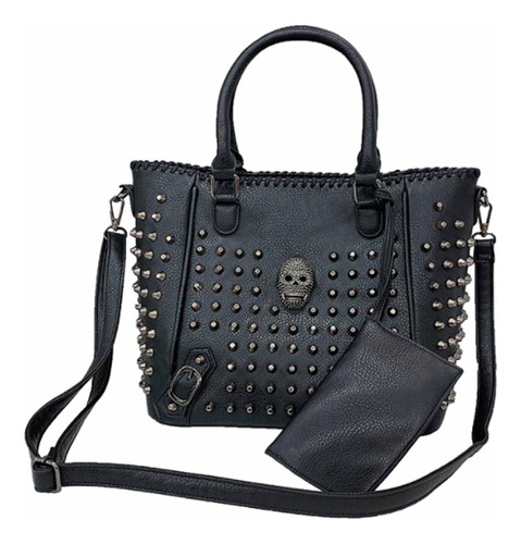 Amviks Mujeres Punk 2 Uds Bolso Con Asa Superior Bolso De Mano De Cuero Pu Bolso De Mano Con Remaches De Calavera Bolsos De Hombro Cartera Negro