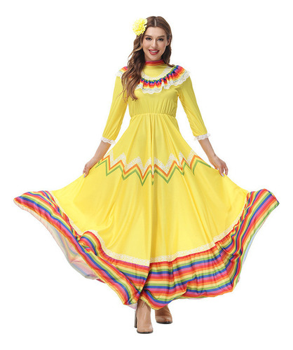 Vestido De Fiesta Mexicano Con Cuello Redondo Y Manga Larga