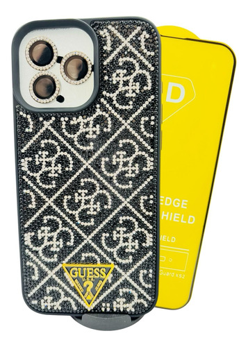 Funda Lujo Brillos + Mica Cristal Para Iphone 16 Pro Negro Lujo