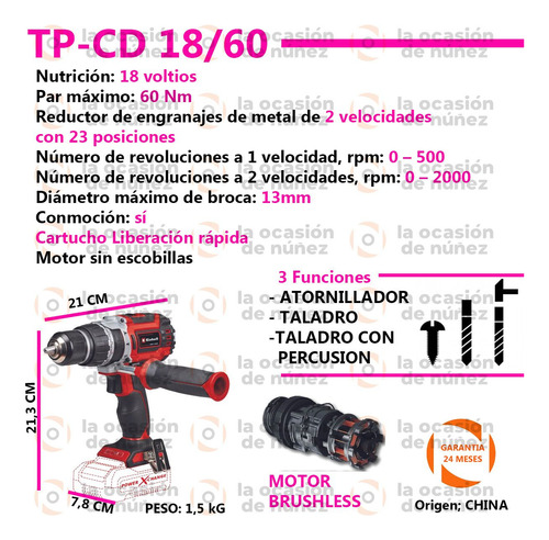 Imagen 2 de 7 de Atornillador Taladro Inalambrico Einhell 13 Mm Percusion
