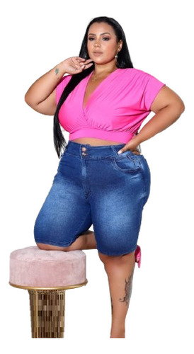 Bermuda Jeans C/ Lycra Feminina Plus Size Tamanho Grande Top