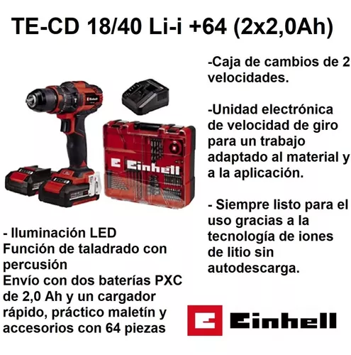 Taladro einhell percutor inalámbrico 18v + 64 accesorios + 2 baterías