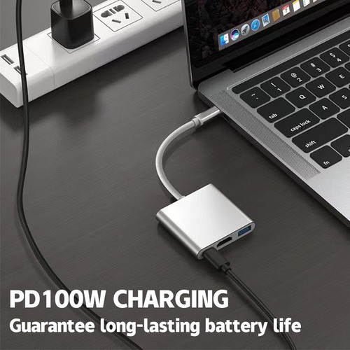 Hub 3 En 1 Incluye Puertos Para Hdmi Usb 3.0 Y Pd Adaptador Hub Usb-c H3e1 Marca Jkrtech