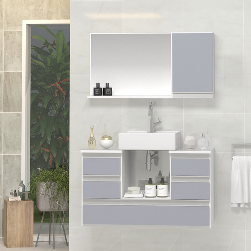 Conjunto Gabinete Banheiro Tampo Vidro Polo 80cm Cor do móvel Branco_Cinza
