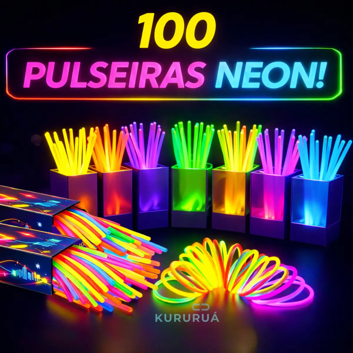 Pulseira Neon Kit 100 Festa Balada Neon Unidades Adereços Fluorescente Led Show Luz Brilho Glow Marca Kururuá