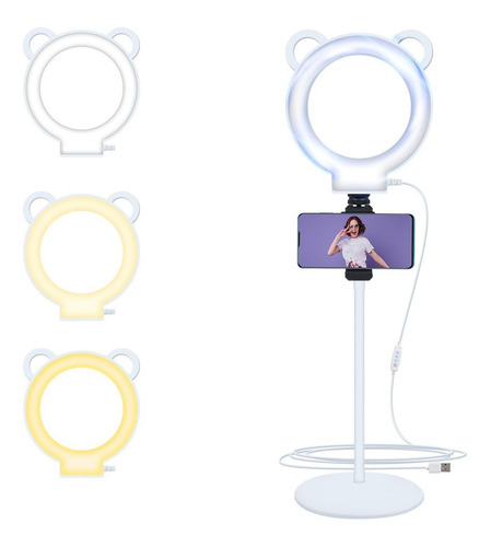Aro De Luz Led 18cm Oso Panda Base Flexible Soporte Celular Color Blanco