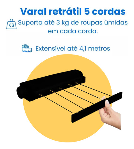 Varal Retratil Parede Automatico Com 5 Cordas Preto Secalux