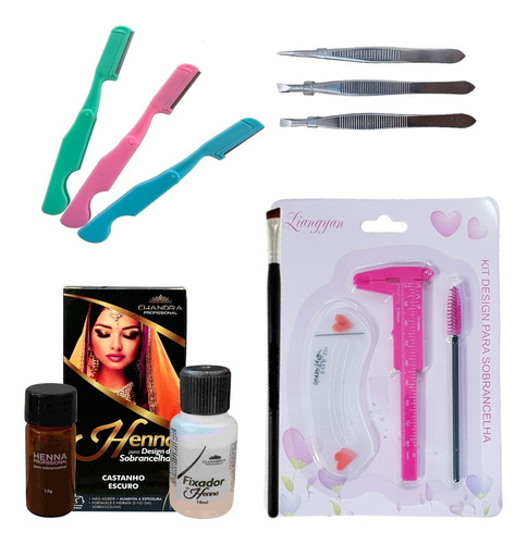 Kit Sobrancelha Henna Chandra Com Acessórios Completo Pinça Cor Castanho escuro