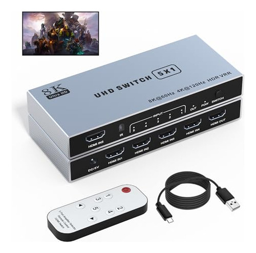 Switch Hdmi 8k 5 En 1 Con Control Remoto - Ideal Para Ps5