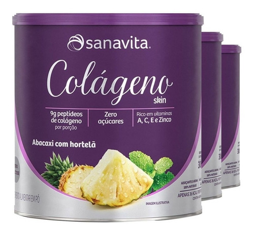 3un Colágeno Skin - Sanavita - Abacaxi Com Hortelã - 300g