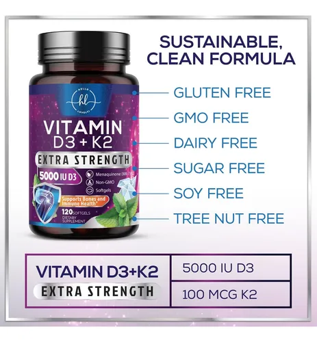 Vitamina D3 5000 Ui Y K2 100 Mcg Cápsulas Blandas 2 En 1 Par