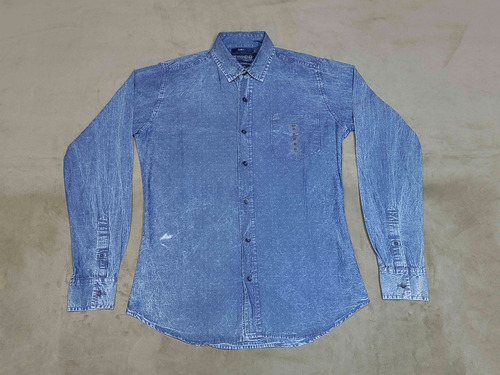 Camisa Rewind Azul Vintage Deslavado Con Líneas Xs Slim Fit