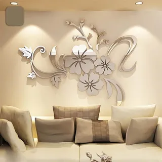 Espejo De Flores Vínilo Acrílico Pared Decorativo 120x91cm Color Plata