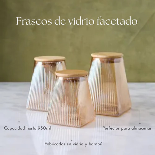 Frasco De Vidrio Facetado Doré Tapa Bambú Hermetica 950ml