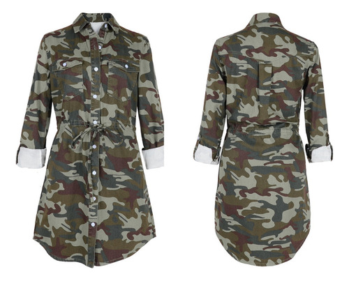 Vestido Tipo Camisa De Mezclilla Con Manga Larga Para Mujer,
