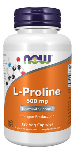 Now Suplementos, L-proline 500 Mg, Producción De Colágeno.
