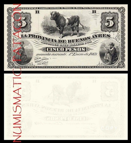 Billete 5 Pesos Moneda Corriente Buenos As 1869 - Copia 482s