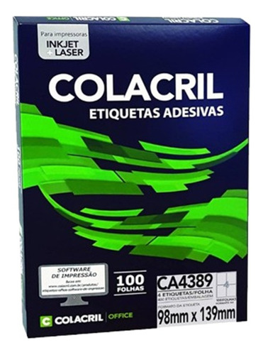 Etiqueta A4 4 Por Folha 98mmx139mm Ca4389 C/100fls Colacril 