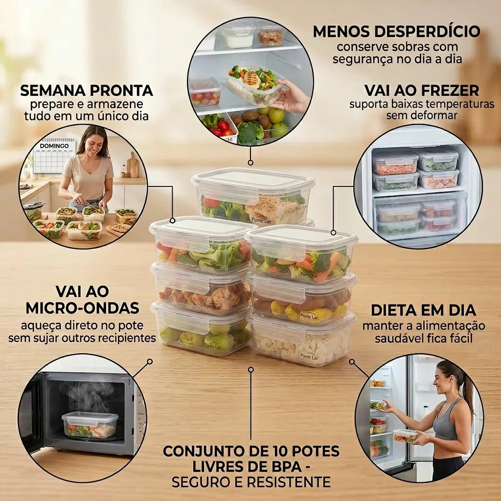 Kit 10 Potes 750ml com Tampa Trava Plástico Transparente para Mantimentos e Alimentos Marmita... 7