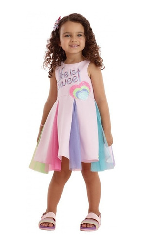 Imagem 2 de 3 de Vestido Infantil Rosa Com Tule Mon Sucré Color Fun 19018