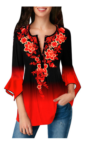 Blusa G Para Mujer, Casual, Con Estampado Floral Degradado,